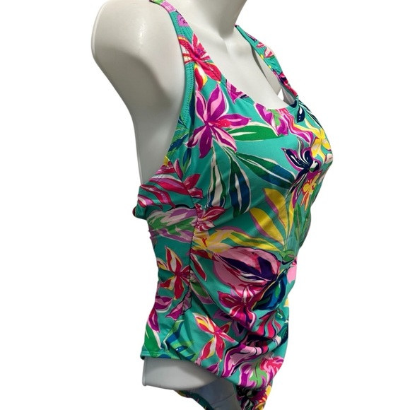 Stella Parker Shirred Multi-Color Hawaiian Floral One Piece Swimsuit Sz M New - Picture 8 of 11